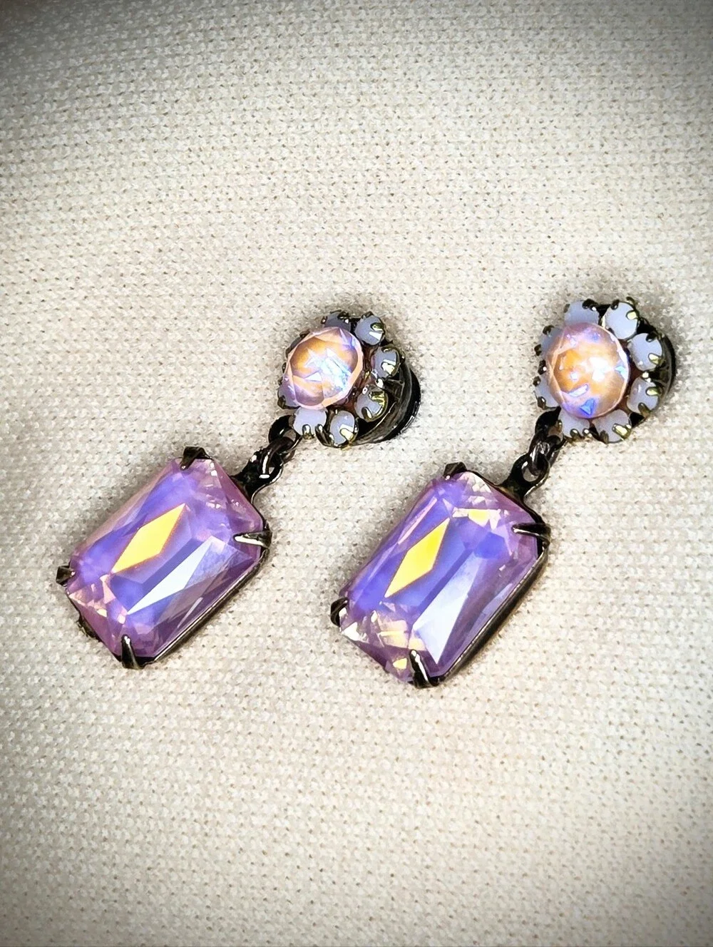 Pink Blossom Crystals W/ Flower In Octagon Antique Bronze Artisan Earrings